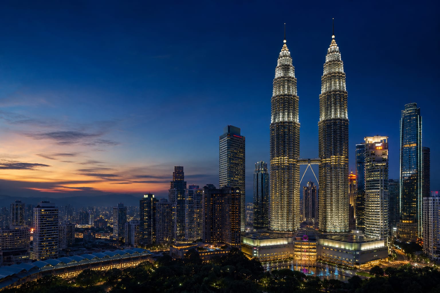 Kuala Lumpur skyline with the Petronas Twin Towers at dusk