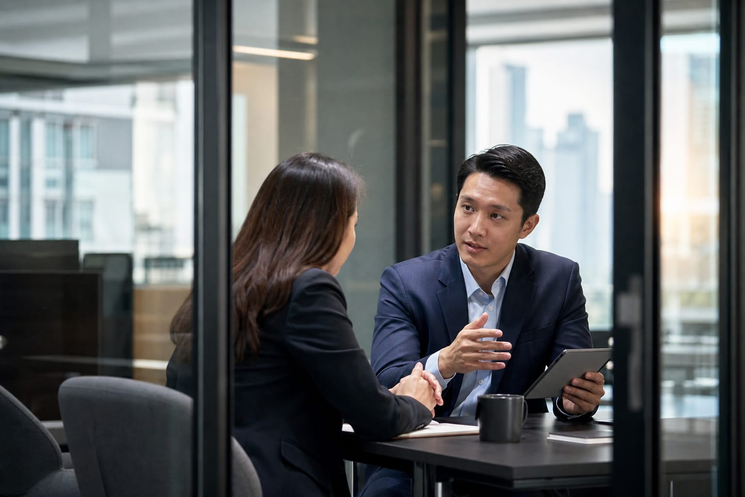 Consultant and client in a talent solutions meeting