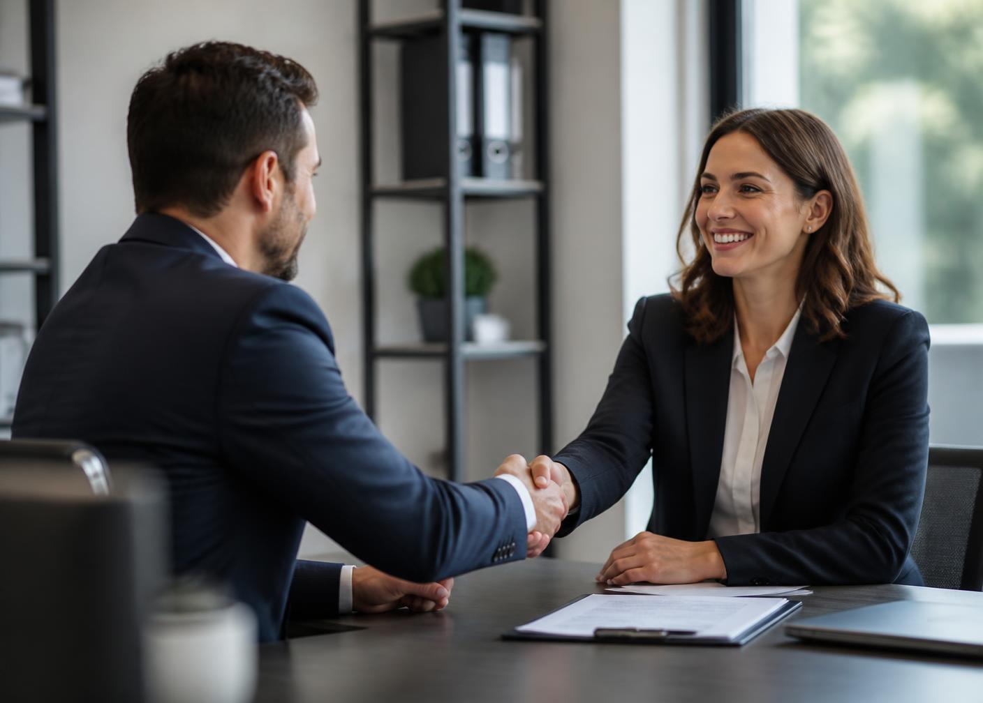 Consultant and candidate shaking hands during a hiring interview